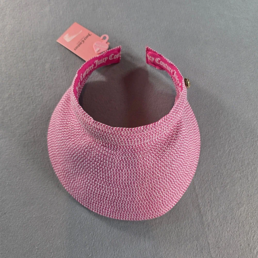 Juicy Couture Pink Woven Straw Visor Sun Hat Rhinestone Heart Charm NWT One Size